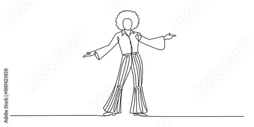 Continuous line drawing of a person in 1970s disco attire with afro hairstyle Vector, illustration