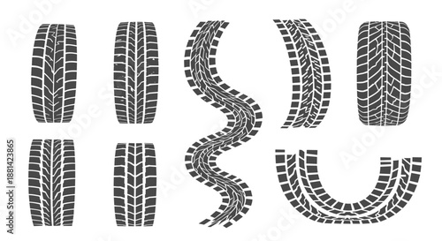 Various black tire tracks showing different tread patterns in straight, curved, and circular paths for automotive graphic designs.