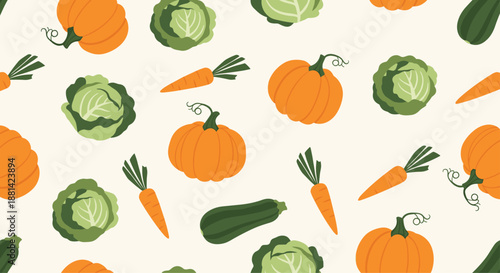 Repeating pattern of fall vegetables like orange pumpkins, green cabbages, and orange carrots on a light cream colored background.