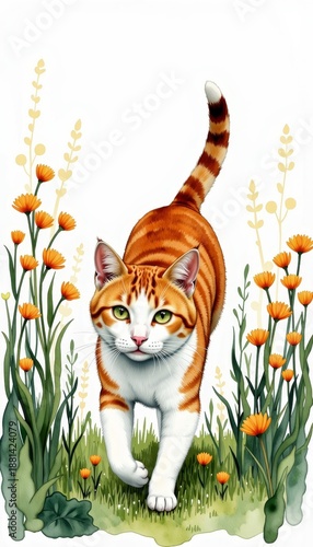 Majestic ginger cat gracefully walking through a vibrant field of wildflowers, surrounded by bright orange blossoms and lush green foliage