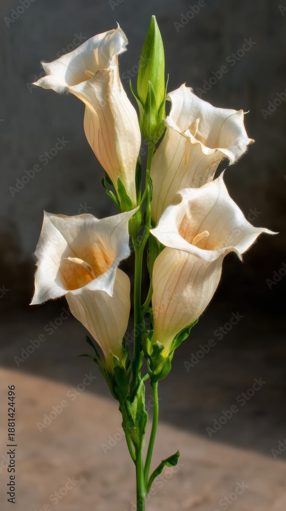 Obraz premium Single Bellflower Stem with Delicate Trumpet Shaped Blossoms Standing Upright for Botanical Branding and Floral Design Materials on Organic Neutral Background