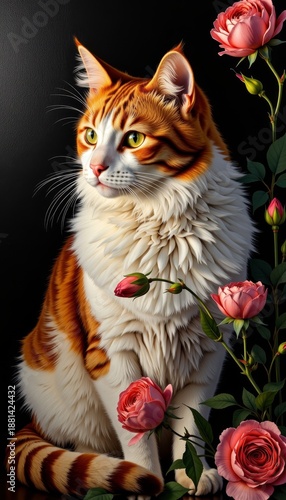 Regal Ginger Cat Posing Elegantly Amidst Vibrant Pink Roses on a Dark Background Showcasing Striking Contrast and Beauty