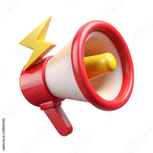 3d Vibrant megaphone with lightning bolt, isolated on transparent background