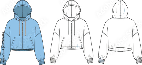 Cropped zip hoodie CAD drawing flat vector illustration with front side back views technical womens apparel fashion design template