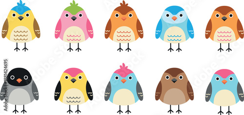 Cute colorful round bird character vector set with different species and plumage patterns for kids nursery wall art spring decorations and avian themed graphic design projects.