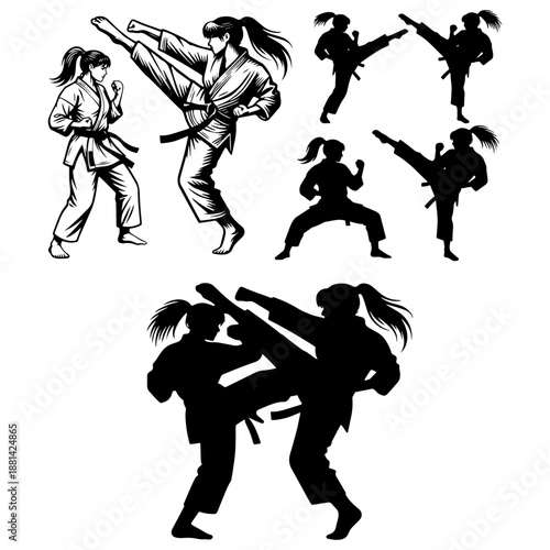 Martial Arts Silhouette Pack - Karate, Taekwondo, and Kickboxing Poses
 Black Silhouettes of Fighters - Karate Kicks and Combat Sports Action Set