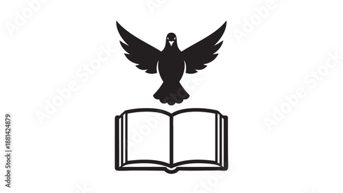 Silhouette of dove carrying open book symbolizing peace and knowledge