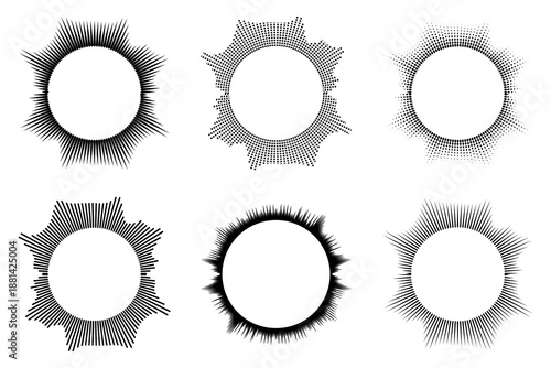A set of multicolor equalizers made of burst beams. Radial sound, neon sound waves. Music symbol, circular sound waves, digital communication.