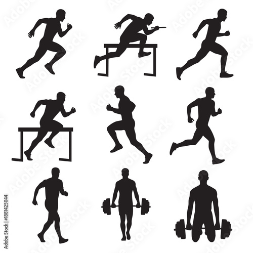 Silhouette sequence of man performing various fitness exercises isolated