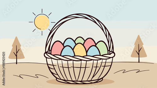 Colorful Easter Eggs in a Basket Under a Sunny Sky with Trees