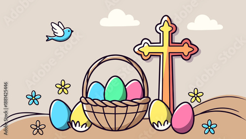 Festive Easter Illustration with Colorful Eggs, Basket, Cross, and Flowers