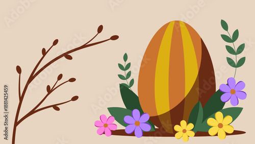 Colorful Striped Easter Egg with Spring Flowers and Budding Branches