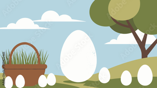 Minimalist Easter Egg Hunt Scene with Basket, Tree, and Eggs in a Spring Landscape