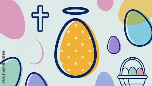 Religious Easter Background with Cross, Halo Egg, and Colorful Design