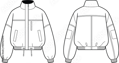 Front and back bomber jacket technical fashion drawing with zipper, pockets and ribbed details for modern outerwear design, clean outline, cad drawing flat vector illustration