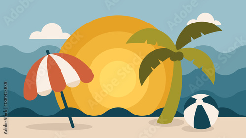 Minimalist Beach Scene Illustration with Sun, Palm Tree, and Umbrella