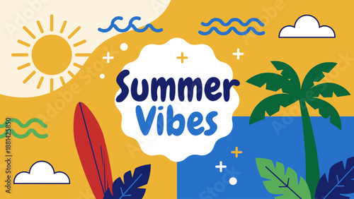 Bright Summer Vibes Flat Design Illustration with Beach and Tropical Elements