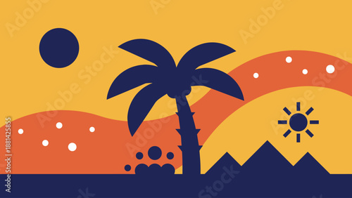 Minimalist Desert Landscape with Palm Tree, Sun, and Dunes at Sunset