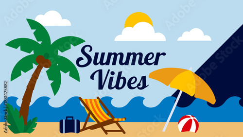 Vibrant Beach Scene Illustration with Summer Vibes Text