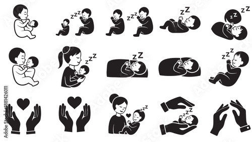Vector illustrations of parents caring for babies and children sleeping