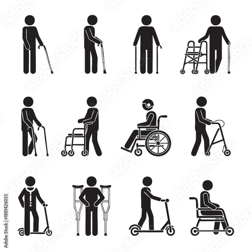 Vector illustrations of people with mobility aids in daily activities