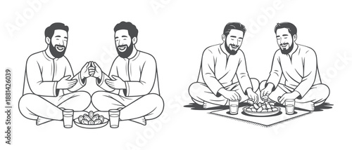 Muslim Men Eating Dates and Drinking Water for Ramadan Iftar Celebration Vector Illustration Set