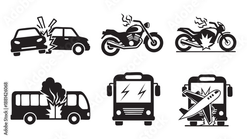 Vector illustrations of various vehicles showing damage and accidents