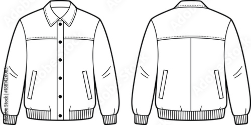 Front and back button bomber jacket technical fashion drawing with collar and ribbed hem for apparel production use, cad drawing flat vector illustration