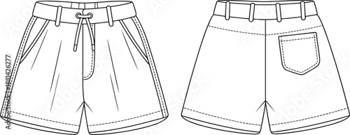 Front and back casual shorts technical fashion drawing with waistband, drawstring and pocket details for apparel design reference, cad drawing flat vector illustration