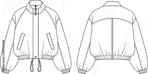 Front and back cropped bomber jacket technical fashion drawing with zipper, elastic hem and pockets for modern apparel development, clean outline, cad drawing flat vector illustration