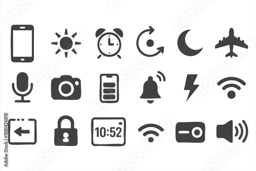 App Design Interface Symbols for Navigation, Notifications, Device Status