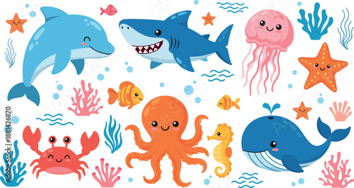 Cute sea animals vector collection with happy shark, whale, dolphin, octopus, crab, seahorse, and jellyfish for kids nursery decor and ocean themed birthday party invitations.