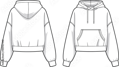 Front and back cropped hoodie sweatshirt technical fashion drawing with hood, drawstrings and kangaroo pocket for modern casual wear design, cad drawing flat vector illustration