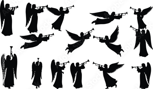 Angel trumpet silhouettes set, flying and standing heavenly messengers, biblical heralds, black vector illustration collection for religious design, Christmas, Easter, apocalypse themes