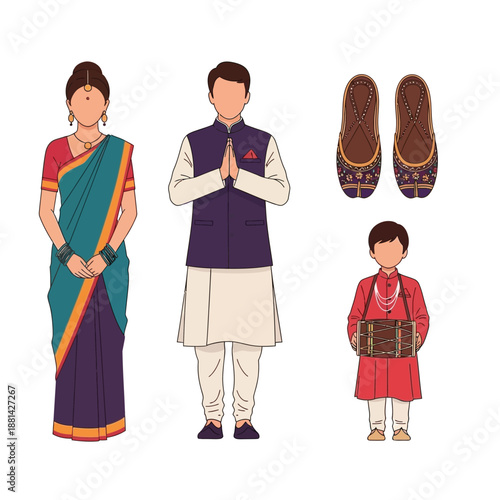 Illustration of an Indian family in traditional attire with a woman in saree, man in kurta and vest, child with dholak, and traditional shoes.