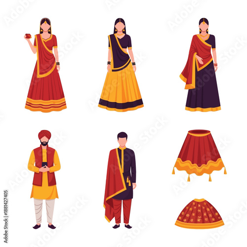 Illustration of various traditional Indian clothing for men and women, including sarees, lehengas, kurtas, and turbans, showcasing cultural attire.