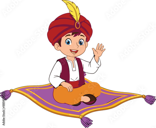 Cute cartoon boy flying magic carpet illustration Arabian fairytale character kids vector design isolated white background playful fantasy children artwork