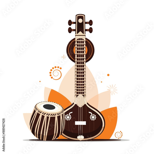 Traditional Indian musical instruments sitar and tabla with cultural decorative elements.