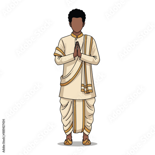 Illustration of a South Asian man in traditional Indian attire performing Namaste gesture.