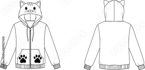 Front and back technical sketch of cat-themed hoodie with ears, printed face, paw pockets, drawstring hood, and zipper closure