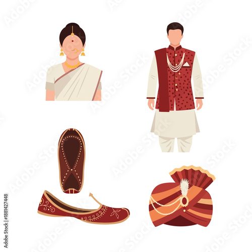 Traditional Indian attire and accessories for men and women, including clothing, footwear, and headwear, representing cultural heritage.
