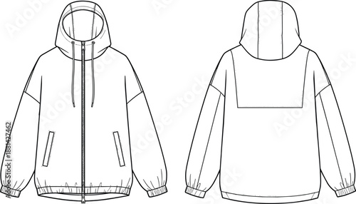 Front and back technical sketch of hooded jacket with zipper, drawstring hood, yoke detail, elastic cuffs and hem