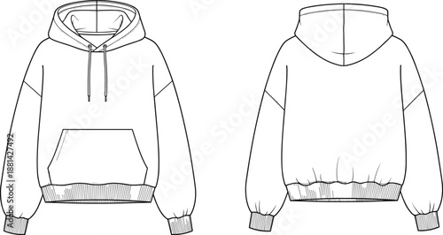 Front and back technical sketch of hooded sweatshirt with drawstring hood, kangaroo pocket, ribbed cuffs and hem details
