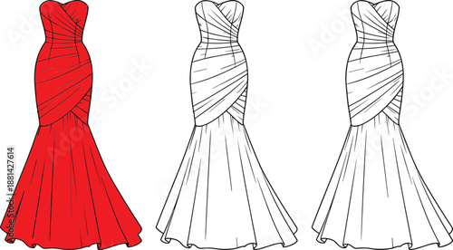 Front and back technical sketch of strapless floor-length gown with ruched bodice, flared skirt, and elegant silhouette