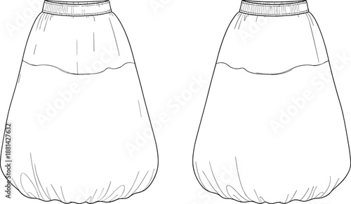 Front and back technical sketch of puffed skirt with gathered waistband, curved seam detail, and voluminous balloon silhouette