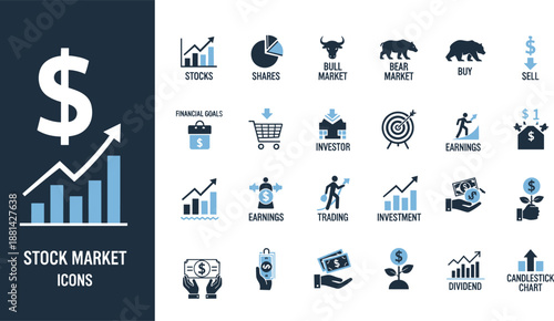 Modern stock market icons illustration set for finance investment trading analysis business growth vector design isolated background professional infographic collection