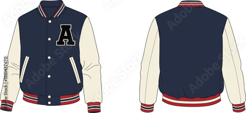 Front and back view of classic varsity jacket with striped ribbed trim, letter patch, slanted pockets, and contrast sleeves