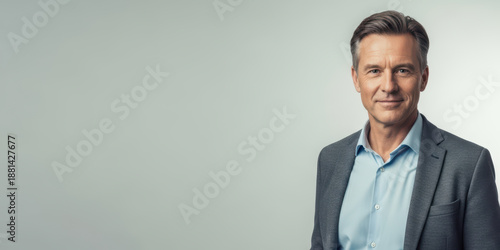 Man aged middle aged beard attractive with expression person goggles spectacle attire amiable friendly genial cheerful sociable pleased space amused enjoyment emotion european photogenic male