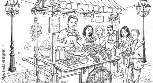 Diverse group of happy customers enjoying delicious street food from a vendor cart in a city park