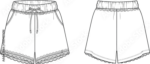 Front and back technical sketch of women’s shorts with scalloped lace trim, drawstring waistband, and side pockets